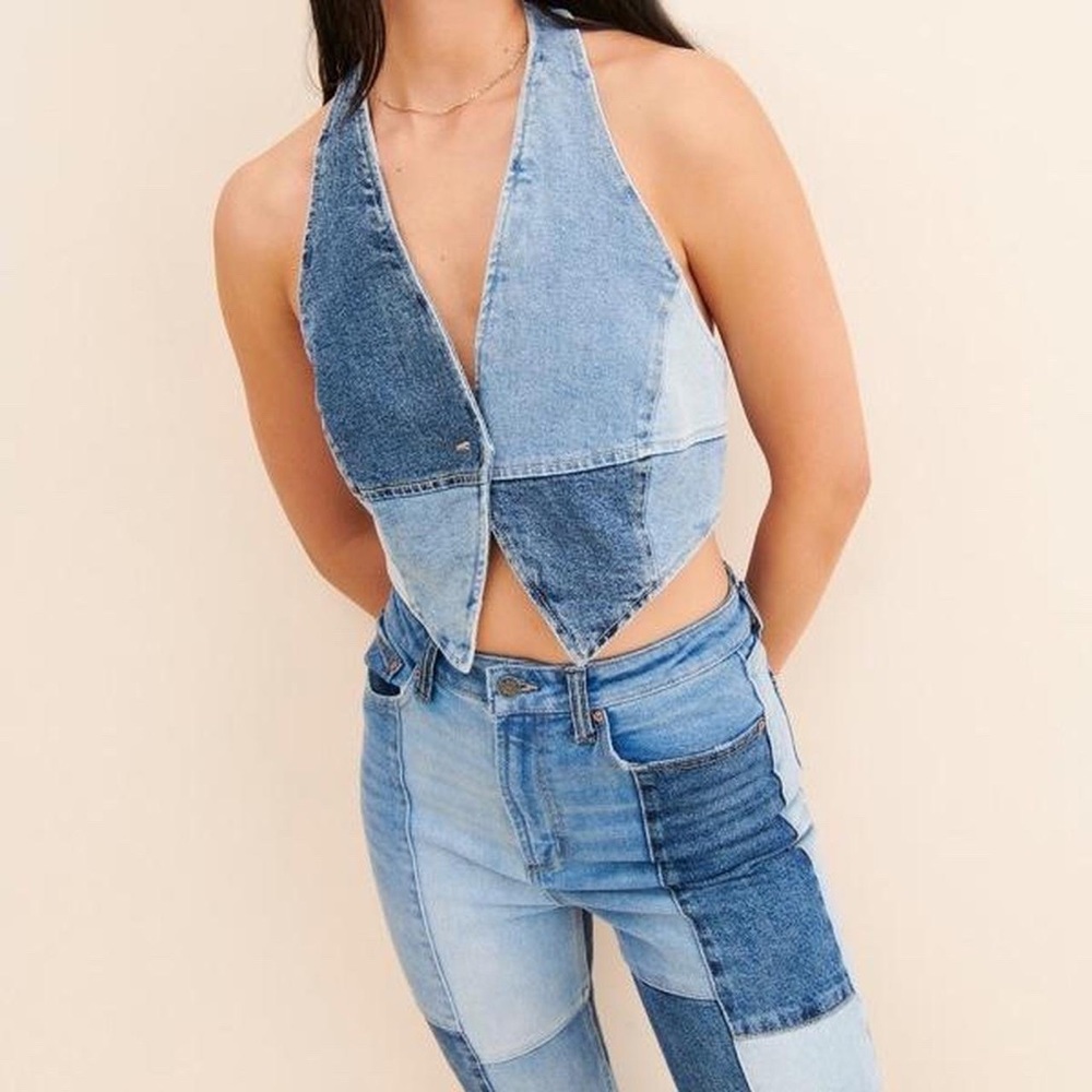 AFRM Denim Vest Top and Jean Colorblocked Patchwork Set